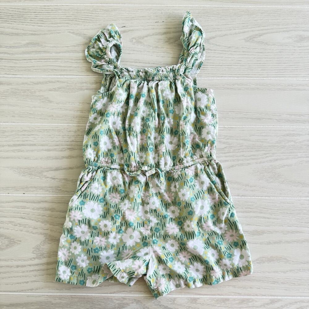 Cat & Jack Toddler Girl Green White Floral Size 4T Pocket Romper